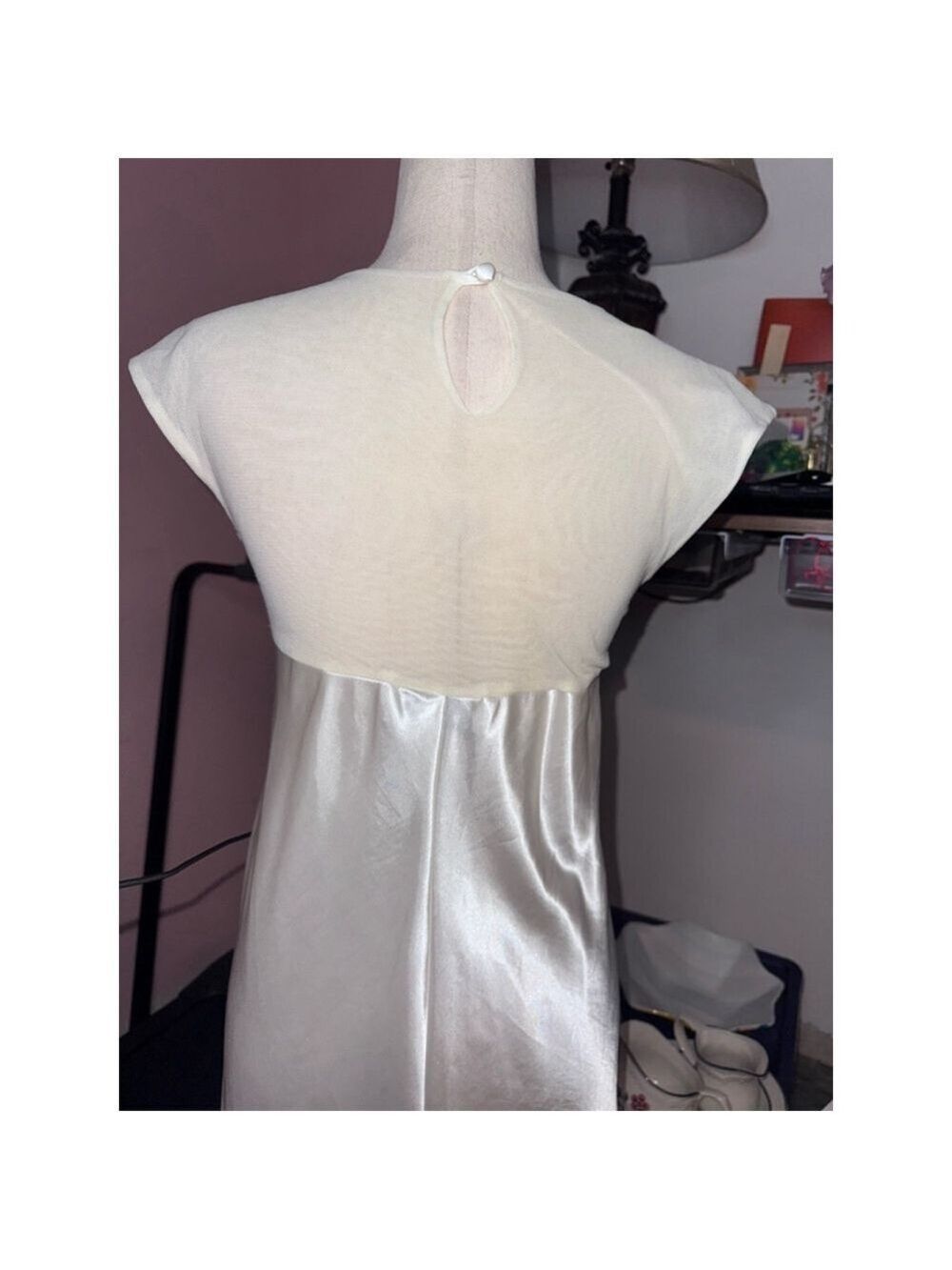 Satin gown cream sz med USA made! Satin bottom top sheer embroidered - Picture 6 of 13